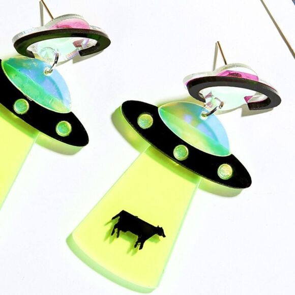 Neon Alien Space Ship Abducting‎ Cow Acrylic Earrings - Picture 9 of 9